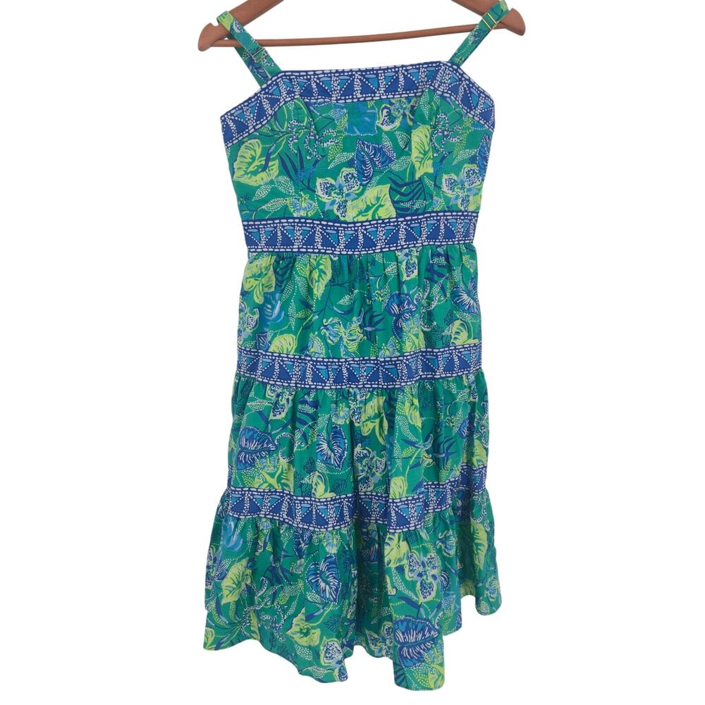 Lilly Pulitzer Casidee cotton tiered dress size 8 In a Flutter botanical green